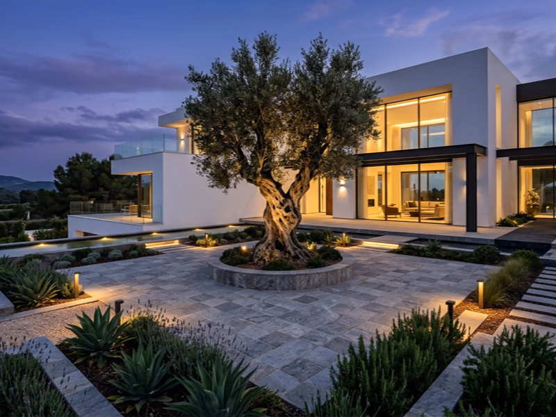 Architecte paysagiste sur un projet signature avec oliviers et palmiers