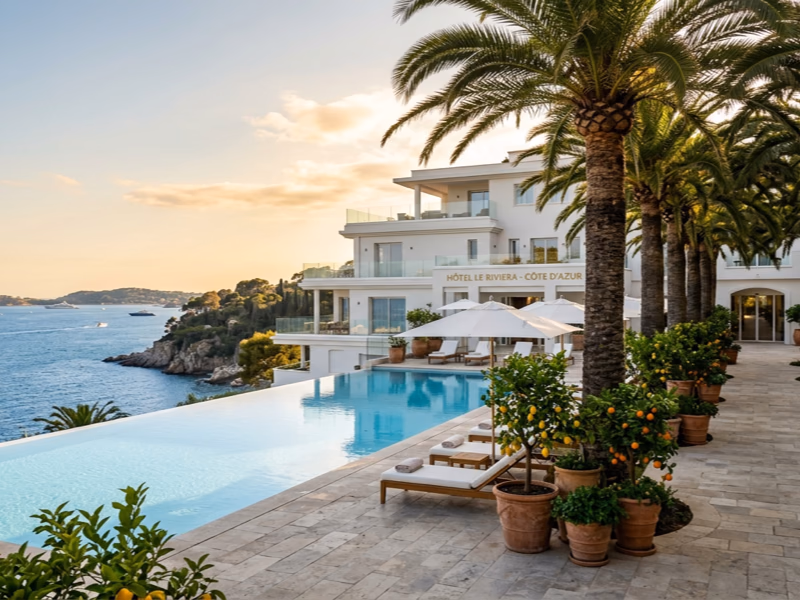 Hôtel de luxe sur la Côte d'Azur avec palmiers Phoenix, agrumes et piscine