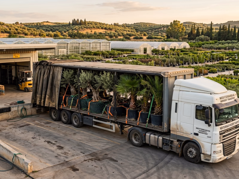 Jardinerie professionnelle réceptionnant des plantes méditerranéennes d'Espagne