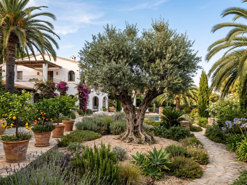 Particulier devant sa villa méditerranéenne aménagée avec oliviers et palmiers