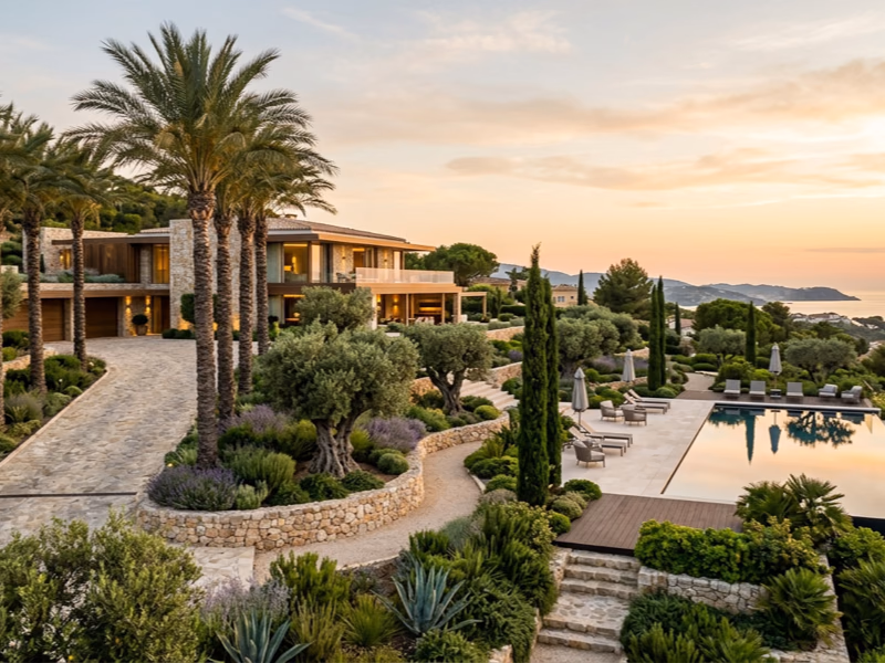 Paysagiste sur un chantier d'aménagement de villa de luxe avec palmiers et oliviers