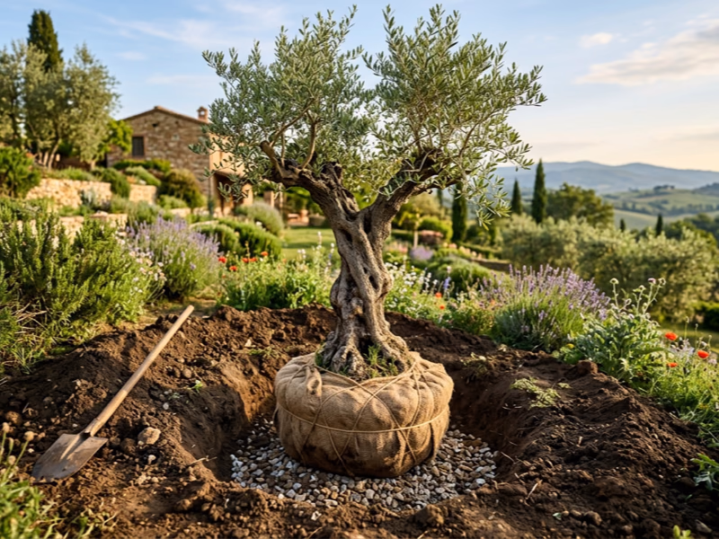 Olivier centenaire en cours de plantation au printemps