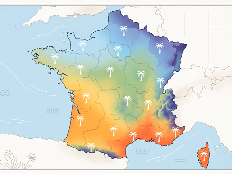Carte de France illustrant les zones de rusticité pour palmiers méditerranéens