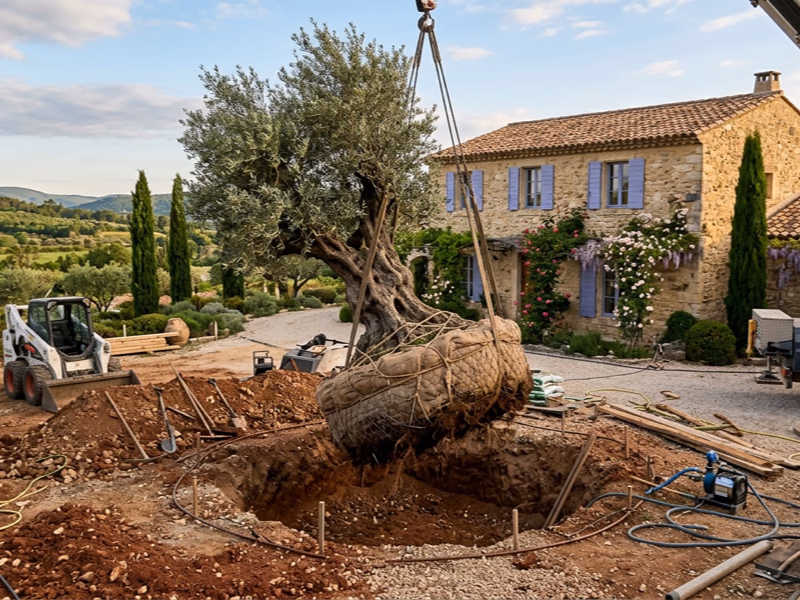 Installation d'un olivier centenaire dans une villa provençale par paysagiste