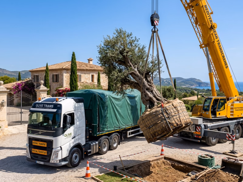 Camion bâché transportant un grand olivier avec dépose grue sur site