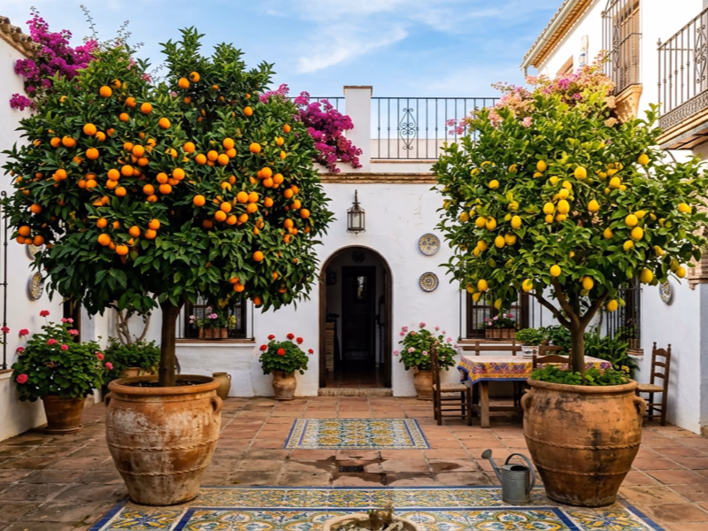 Oranger et citronnier matures en gros pots terracotta dans un patio andalou traditionnel
