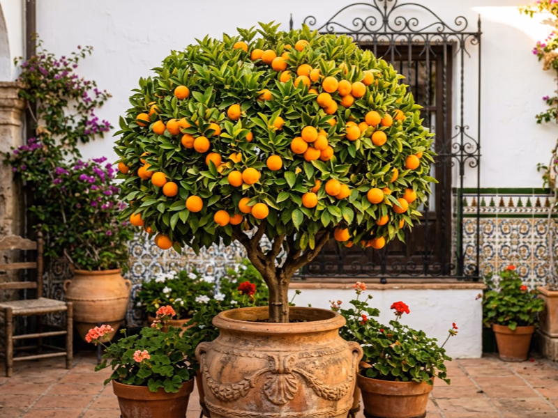 Oranger mature taillé en topiaire dans un patio andalou traditionnel