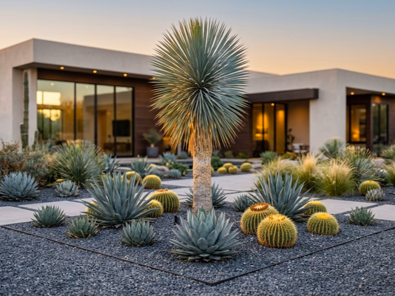 Yucca rostrata bleu argenté centerpiece d'un jardin design contemporain