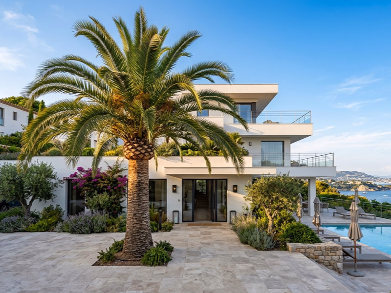Palmier Phoenix Canariensis devant une villa de luxe sur la Côte d'Azur