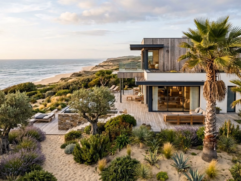 Villa moderne sur la côte Aquitaine avec palmiers Trachycarpus et oliviers