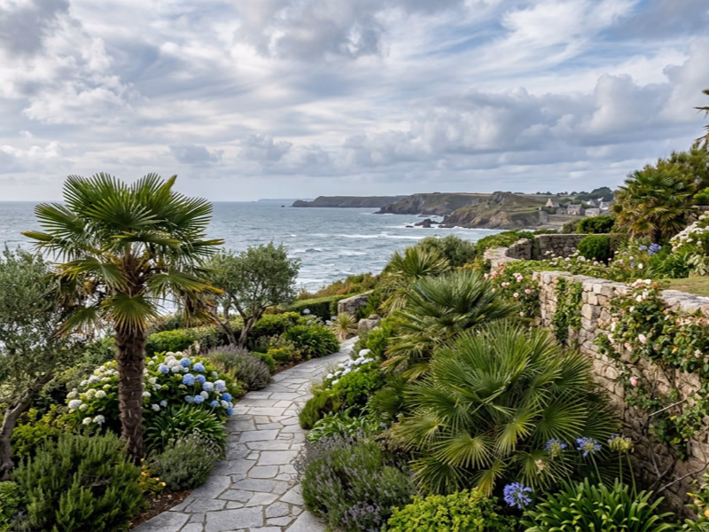 Jardin sur la côte bretonne avec palmiers Trachycarpus et oliviers
