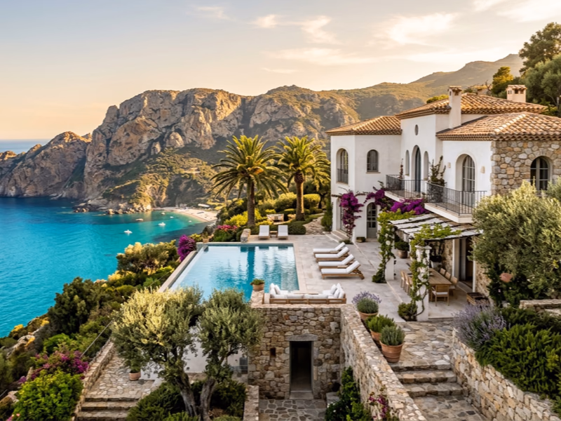 Villa contemporaine en Corse avec palmiers, oliviers et vue mer