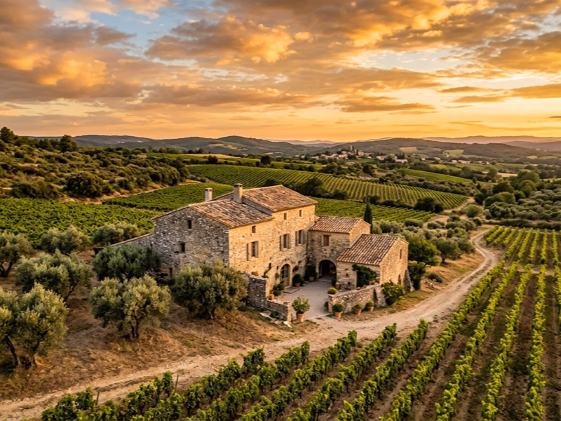 Paysage du Languedoc avec vignobles et oliviers centenaires