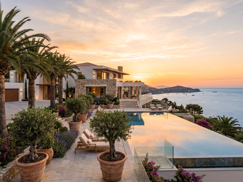 Villa contemporaine sur la Côte d'Azur avec palmiers, oliviers et piscine