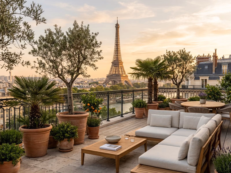 Terrasse parisienne aménagée avec palmiers et oliviers en pots