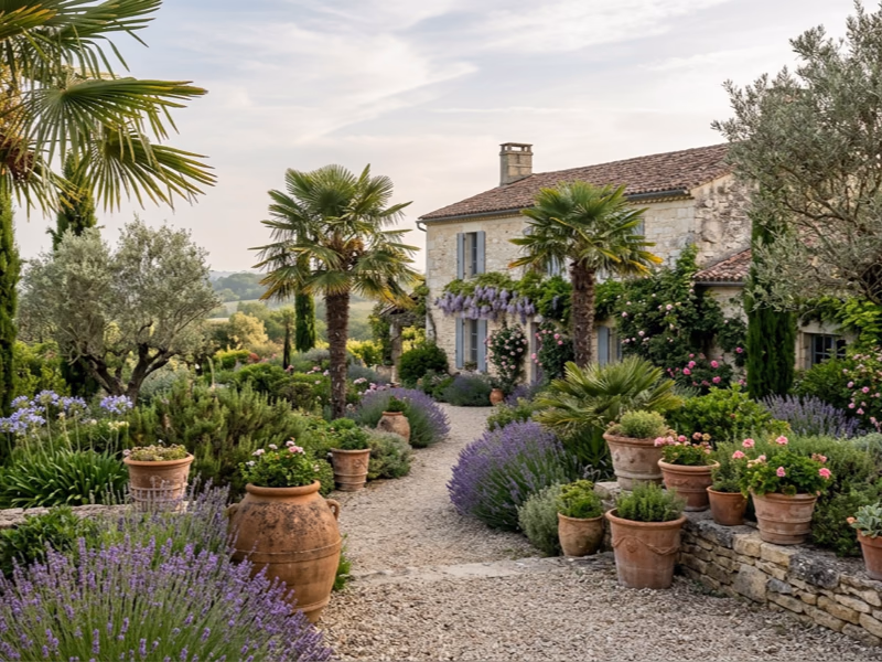 Jardin contemporain en Pays de la Loire avec palmiers Trachycarpus et oliviers